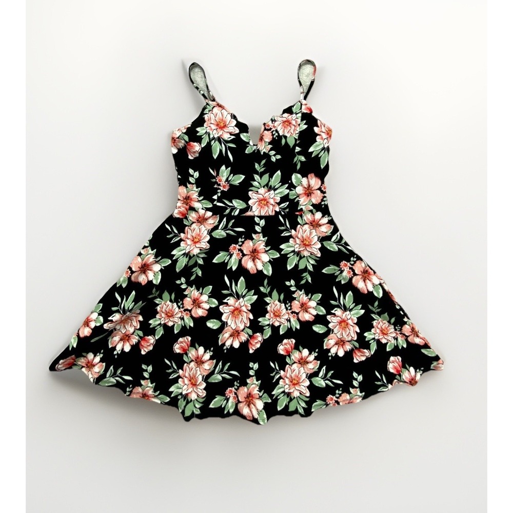 Almost Famous Skater Dress Womens L Black Floral Summer Spaghetti Strap V-Neck